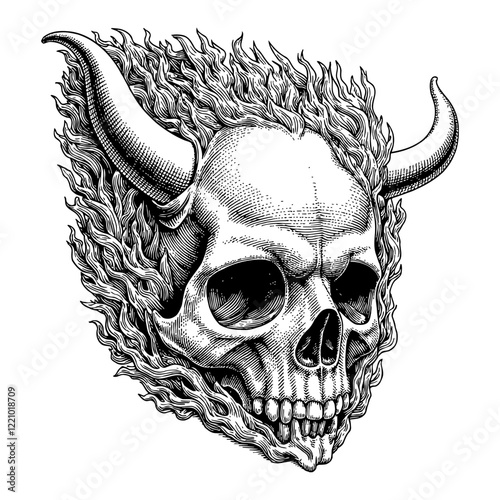 Devil Skull Head with Horn Coated in Fire Detailed Black and White Outline Line Art Drawing
