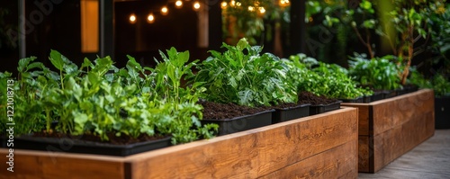 A lush garden featuring wooden planters filled with vibrant green plants, creating a serene and inviting atmosphere.
