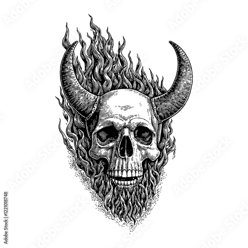 Skull with Devil Horns Surrounded by Flames Black and White Outline Line Art Drawing