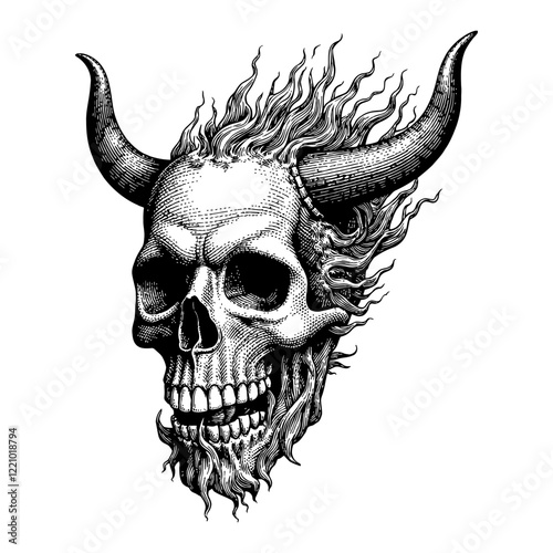 Devil Skull Head with Horns Coated in Fire Detailed Black and White Outline Line Art Drawing