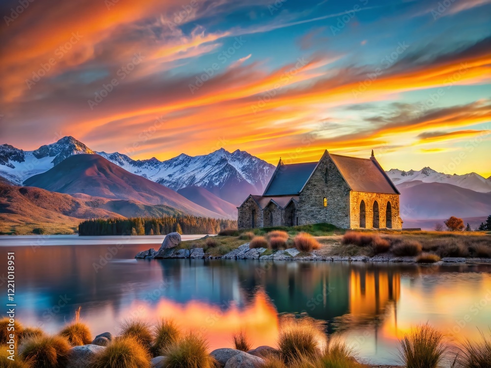 Fototapeta premium Stunning Lake Tekapo Sunrise, South Island New Zealand, Copy Space