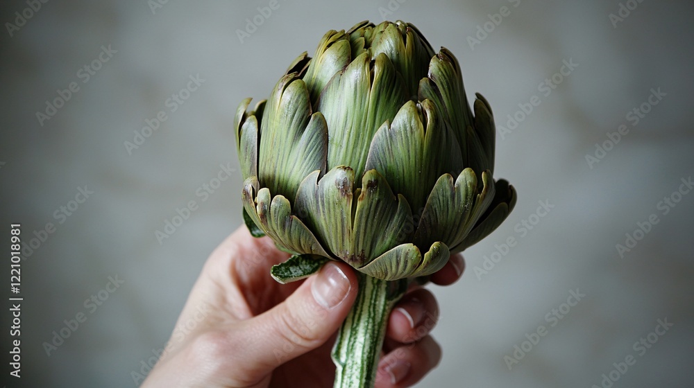 Fototapeta premium hand holding a single artichoke, emphasizing its size and unique shape.Focuses on the tactile experience and the connection between the individual and the food. Artichoke Superfood 