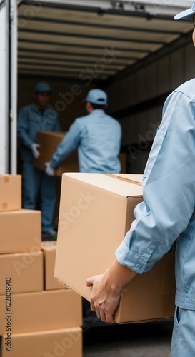 Workers unloading or loading boxes from a delivery truck, providing organized and reliable relocation services for residential or commercial needs, ensuring customer satisfaction