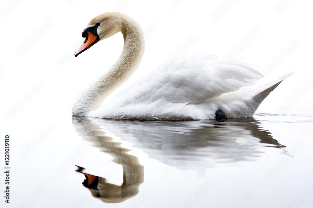 Fototapeta premium A majestic swan swimming in still water, the swans soft, crisp reflection creating symmetry in the calm environment, set against a light