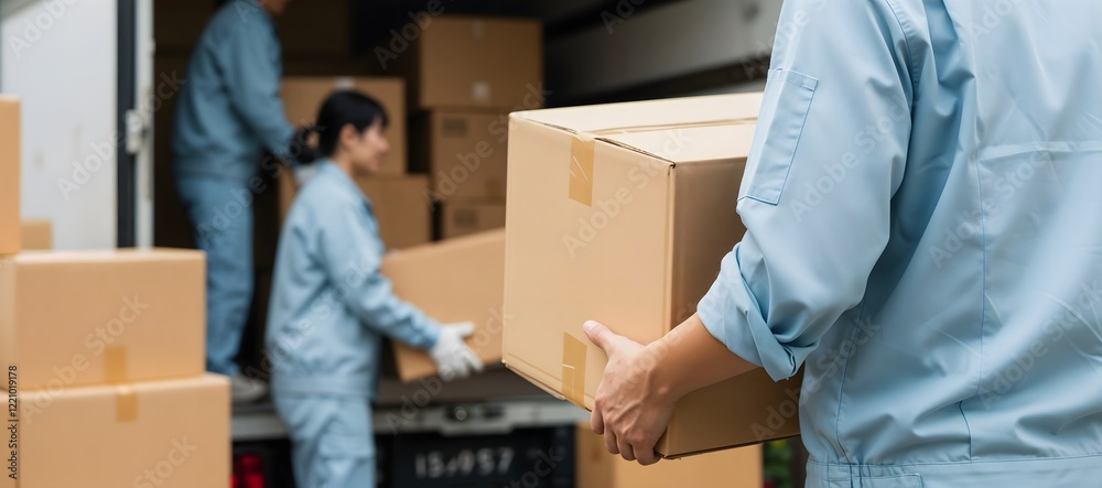 Delivery professionals loading or unloading boxes from a truck to the destination, showcasing reliable and organized packing and moving services for homes or offices banner and cover Delivery professionals loading or unloading boxes from a truck to the destination, showcasing reliable and organized packing and moving services for homes or offices banner and cover
