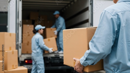 Wallpaper Mural Team of movers carefully carrying boxes from a truck, focused on organization and safety, providing reliable packing and moving services for residential or commercial needs Torontodigital.ca