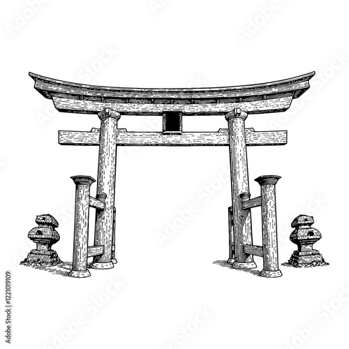 Japanese Torii Gate with Stone Lantern Black and White Outline Line Art Drawing