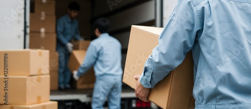 Group of movers unloading or loading boxes from a truck, organized and skilled in providing packing and moving services for stress-free relocation and delivery banner and cover