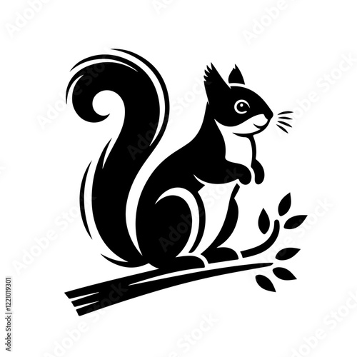 Stylish Squirrel Silhouette: A sleek, stylized silhouette of a squirrel perched on a branch, its bushy tail elegantly curled.  Perfect for logo design or nature-themed projects. 