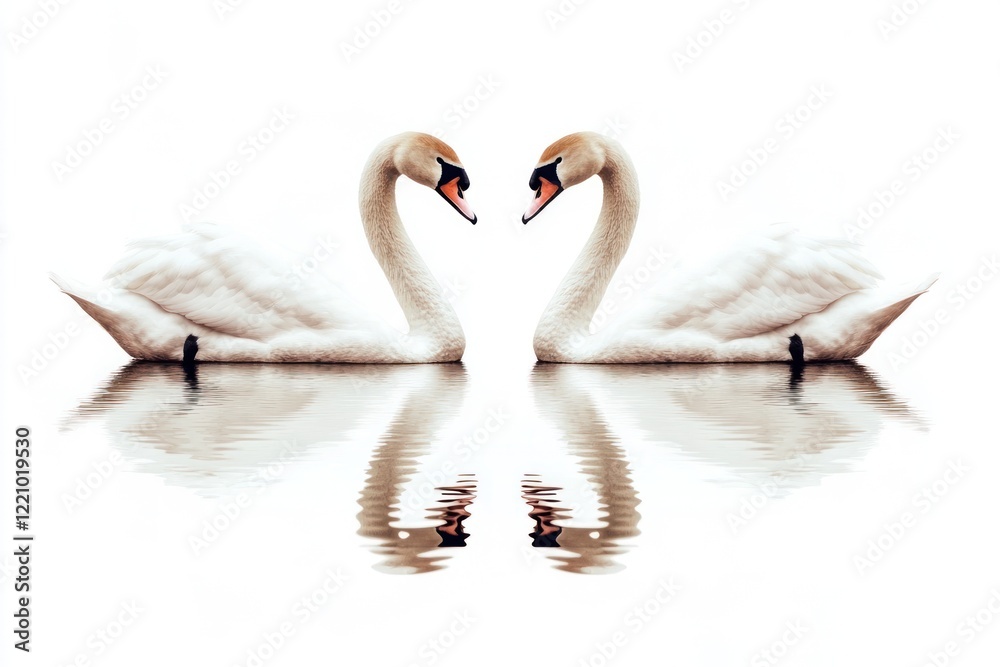 Fototapeta premium A pair of swans gliding side by side, their reflections perfectly aligned on the calm water surface, with a subtle white background creating a feeling of tranquility