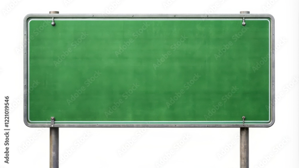 A blank, rectangular, green road sign with a metallic frame, ready for your message or advertisement, mounted on a weathered metal post against a stark white background. A blank, rectangular, green road sign with a metallic frame, ready for your message or advertisement, mounted on a weathered metal post against a stark white background.
