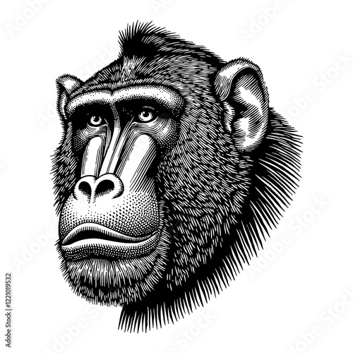 Mandrill Monkey Head Detailed Portrait Black and White Outline Line Art Drawing