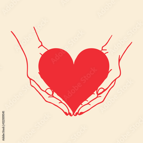 open hands cradling a red heart illustration for themes of care, love, and affection