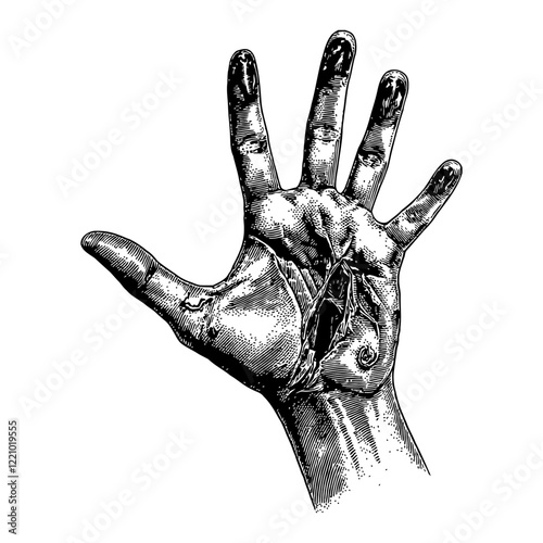 Rotten Zombie Hand Detailed Open Wound Black and White Outline Line Art Drawing