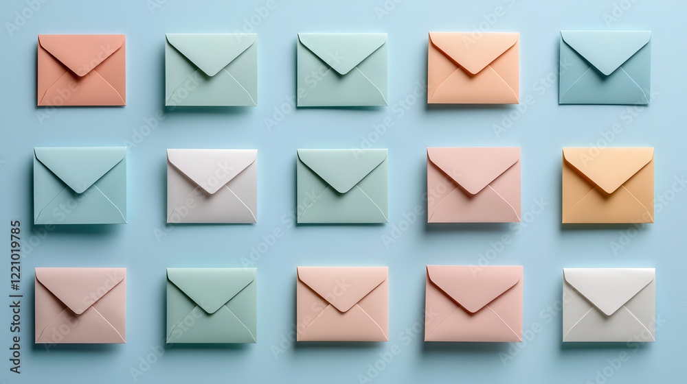 collection of 16 soft pastel colored 3D envelopes arranged neatly on blue background, creating visually appealing and organized display collection of 16 soft pastel colored 3D envelopes arranged neatly on blue background, creating visually appealing and organized display