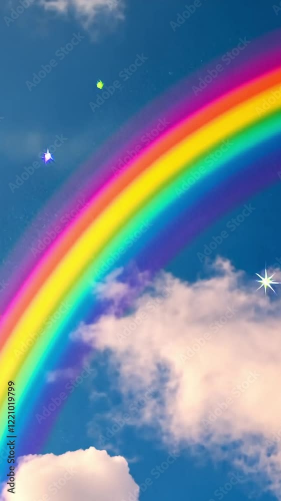 Vibrant rainbow arching across a clear blue sky with fluffy white clouds and distant colorful kites Vibrant rainbow arching across a clear blue sky with fluffy white clouds and distant colorful kites