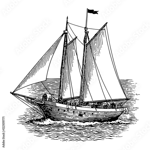 Sailing Boat on Sea Detailed Black and White Outline Line Art Drawing of Old Ship