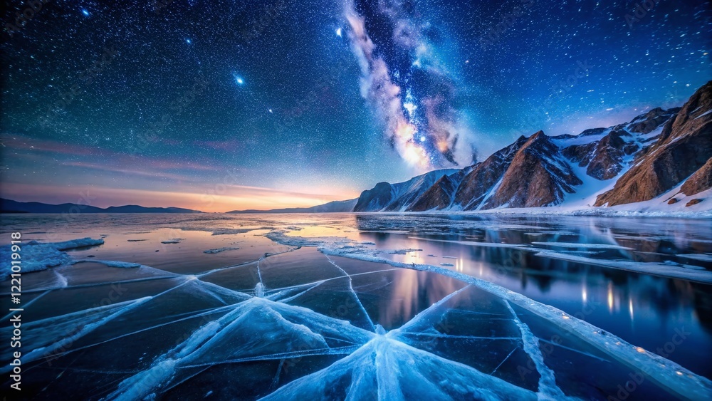 Fototapeta premium Stunning Night Photography: Ice Crack Texture on Lake Baikal, Russia