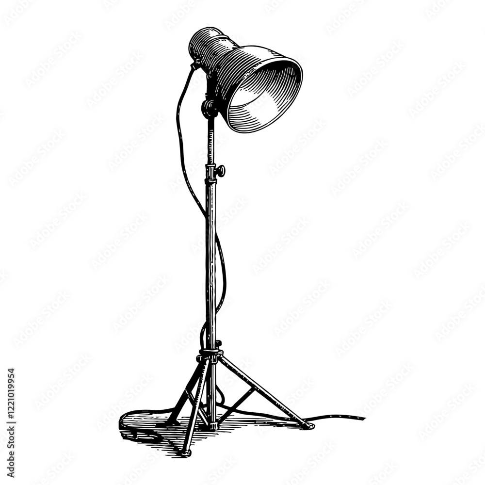 Detailed Studio Lamp with Stand Black and White Outline Line Art Drawing Vintage Style
