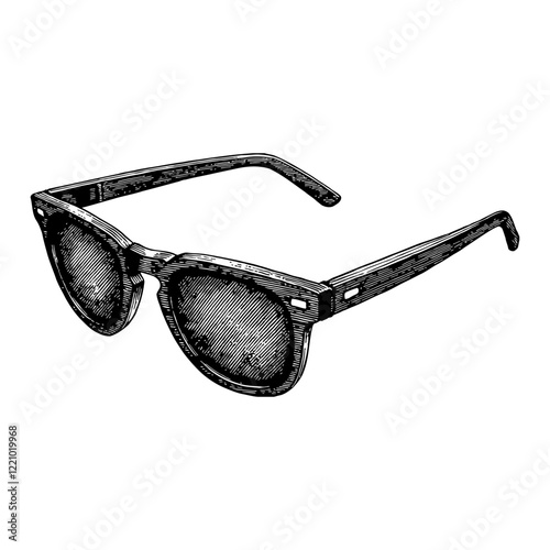 Sunglasses with Detailed Frame in Vintage Black and White Outline Line Art Drawing