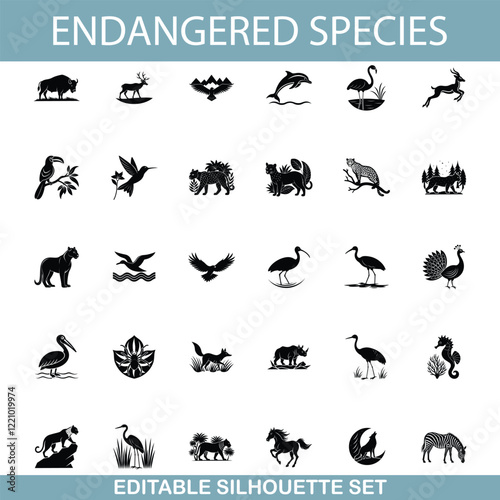 Endangered Species Silhouettes Editable Vector Set of Wildlife