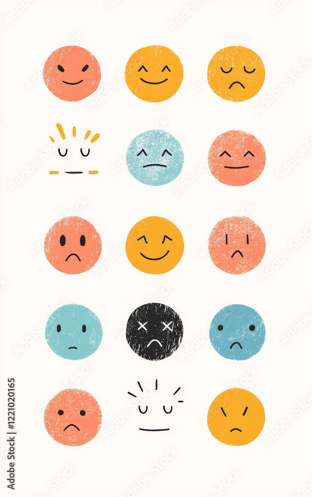 Fototapeta premium Emotions in Colorful Circles: A vibrant collection of hand-drawn, emotive face illustrations, each circle expressing a unique human feeling across the color spectrum.