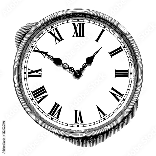 Vintage Wall Clock with Roman Numerals in Detailed Black and White Outline Line Art Drawing