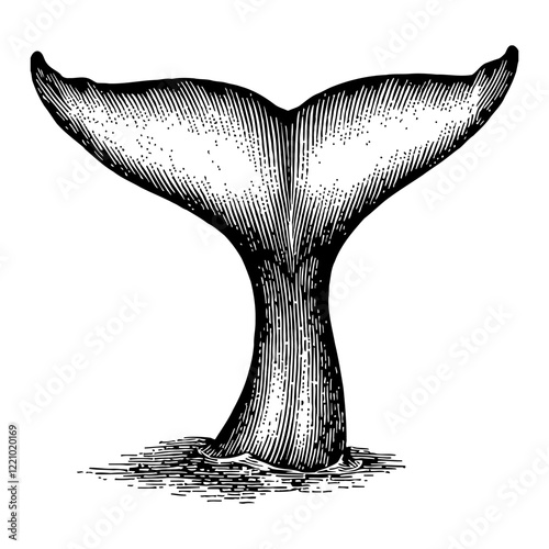 Whale Tail Detailed Black and White Outline Line Art Drawing of Marine Animal Engraving