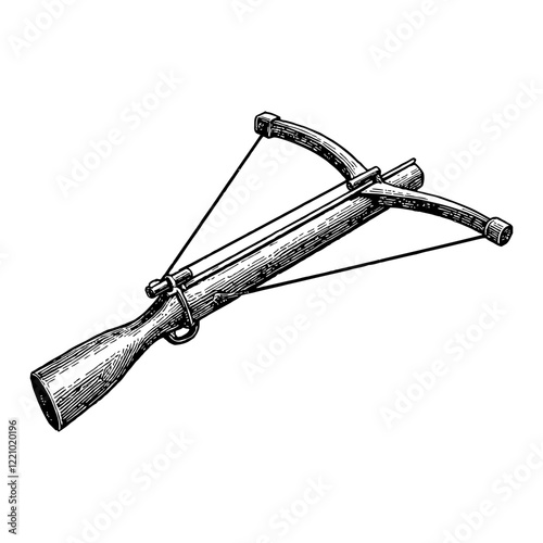 Wooden Crossbow Weapon Detailed Black and White Outline Line Art Drawing with String