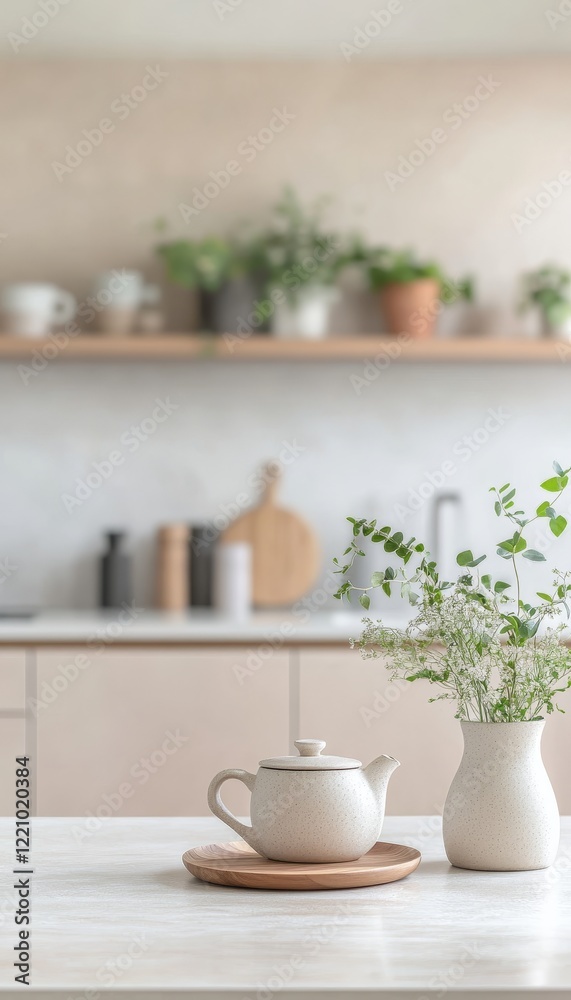 Elegant minimalist kitchen scene soft focus flat tabletop with luxury cabinets and natural light Elegant minimalist kitchen scene soft focus flat tabletop with luxury cabinets and natural light