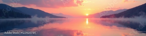 Gentle hues of orange and pink upon calm lake waters, , nature