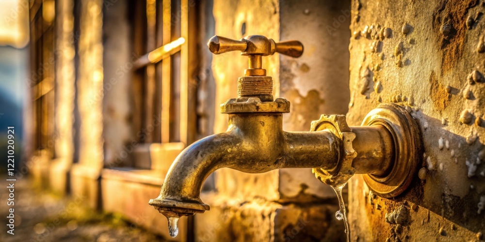 Golden Faucet with a Single Drip of Water on a Weathered Wall Golden Faucet with a Single Drip of Water on a Weathered Wall
