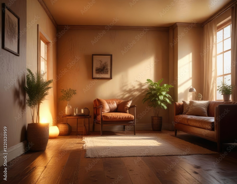 Fototapeta premium A soft warm glow emanating from a beautifully painted room featuring earthy tones and natural textures , cozy living space, calming atmosphere