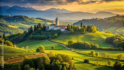 Rosazzo Abbey, Friuli, Italy: Panoramic Countryside Landscape with High Depth of Field photo