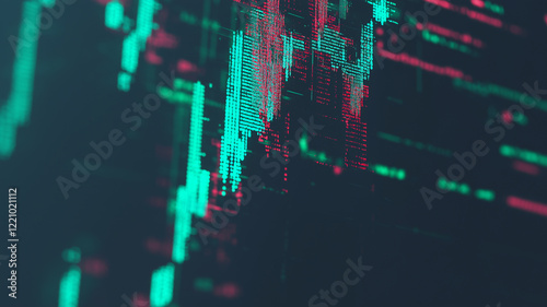 Close up of digital graph and data on a black screen. Blurred background for technology, business, stock and finance.