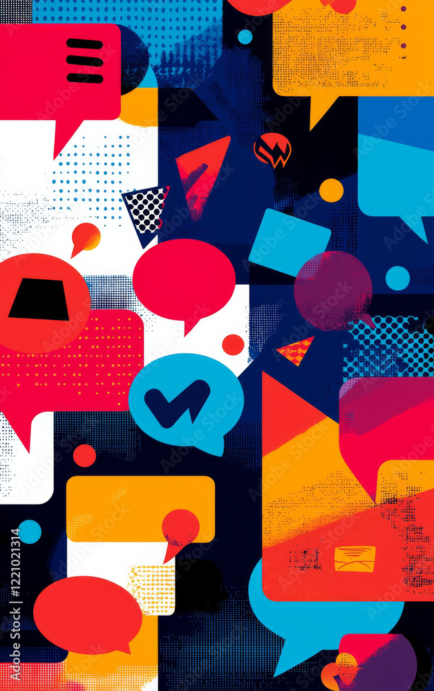 Obraz premium Communicating Dialogue: A vibrant artistic composition bursting with colorful speech bubbles, embodying the dynamic essence of communication and discussion.