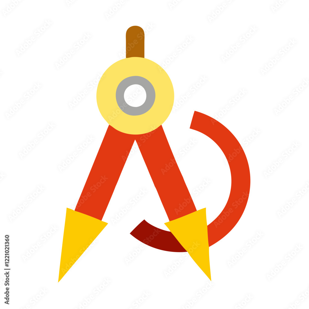 Red compass with yellow tips and curved arrow Red compass with yellow tips and curved arrow