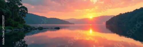 Gentle hues of orange and pink upon calm lake waters, reflection, greenery, sunset
