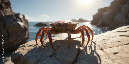 A solitary crab scuttles sideways across a sun-kissed rock, wildlife, nature