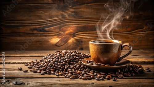 Aromatic Steaming Cup of Coffee with Roasted Beans on Rustic Wooden Surface