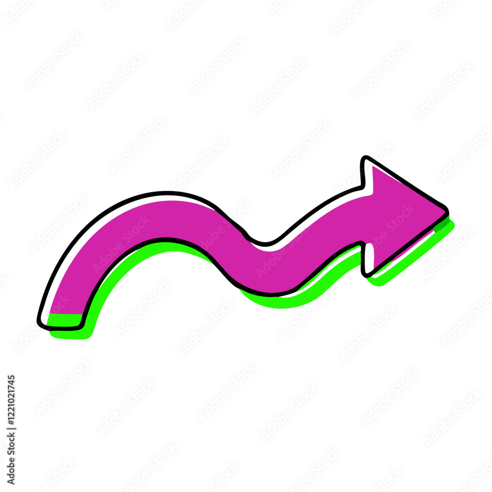 Curved purple arrow with neon green outline on white background Curved purple arrow with neon green outline on white background
