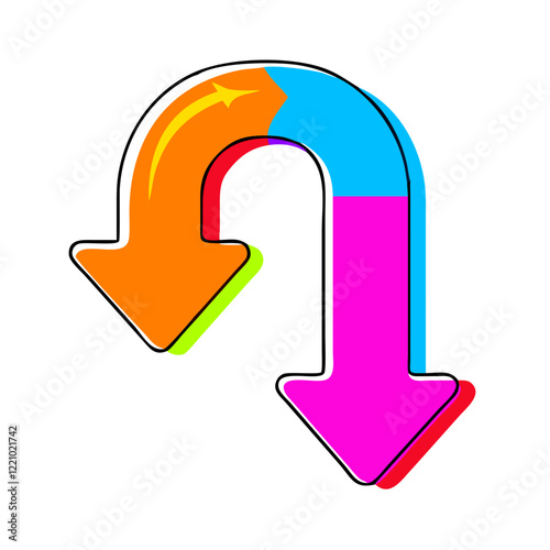 U-shaped double arrow in pink, orange, and blue colors