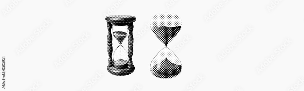 hourglass sand clock isolated on white background halftone vintage dots texture cut-out retro magazine style collage element for mixed media grunge design