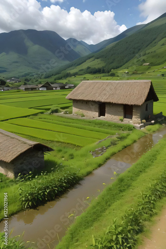 Serene Village Life: Mountain Over a River, Harvesting Fields, and a Cozy Village House.