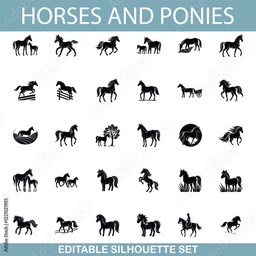 Editable Horse and Pony Silhouettes Farm Animals, Ranch, Stable