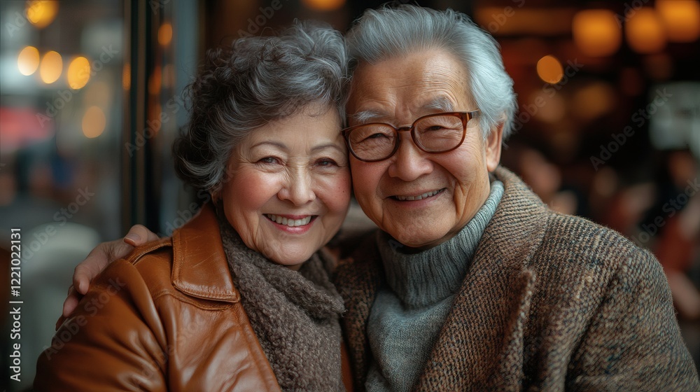 Smiling Elderly Couple Portrait: A heartwarming image of an Asian elderly couple embracing, radiating love and happiness. Smiling Elderly Couple Portrait: A heartwarming image of an Asian elderly couple embracing, radiating love and happiness.