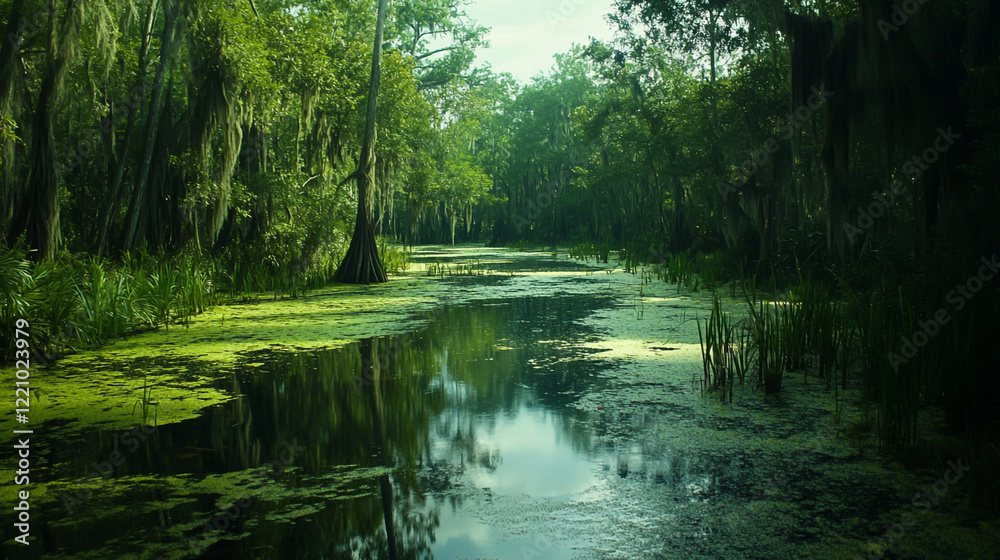Lush swamp bursting with vibrant greenery, peaceful streams, and a thr cinematic view. Lush swamp bursting with vibrant greenery, peaceful streams, and a thr cinematic view.