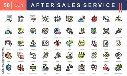 After Sales Service icon collection set. Covering claims, warranty, maintenance, communication, solutions, repairs, policies, guides, and customer satisfaction. Perfect for professional projects.