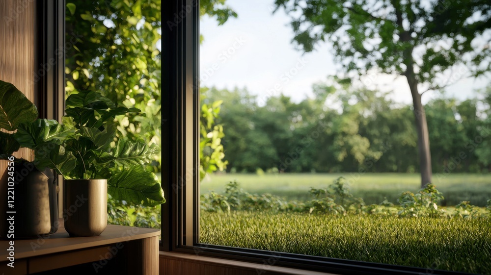 Fototapeta premium A tranquil view of a green landscape through a window, featuring potted plants indoors and lush greenery outside.