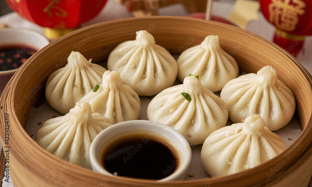 High-resolution close-up of freshly steamed Chinese dumplings placed neatly in a bamboo steamer High-resolution close-up of freshly steamed Chinese dumplings placed neatly in a bamboo steamer
